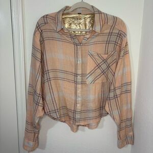 Free People Cutie Cropped Plaid Shirt Oversized Dolman Sleeve Top Size Medium